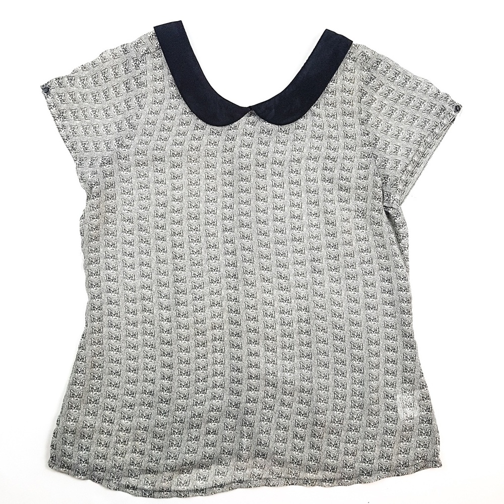 Black and Gray Women's Blouse with Cat Pattern, Peter Pan Collar